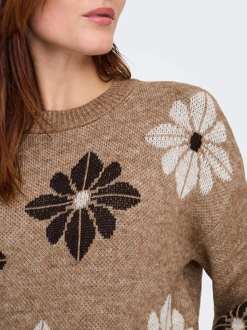 ONLFREESIA LS FLOWER O-NECK KNT NOO Toasted Coconut/Flowers/Black Coffe