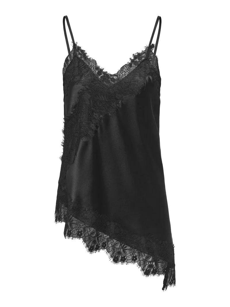 ONLINDONA STRAP SATIN LACE TOP WVN, Black