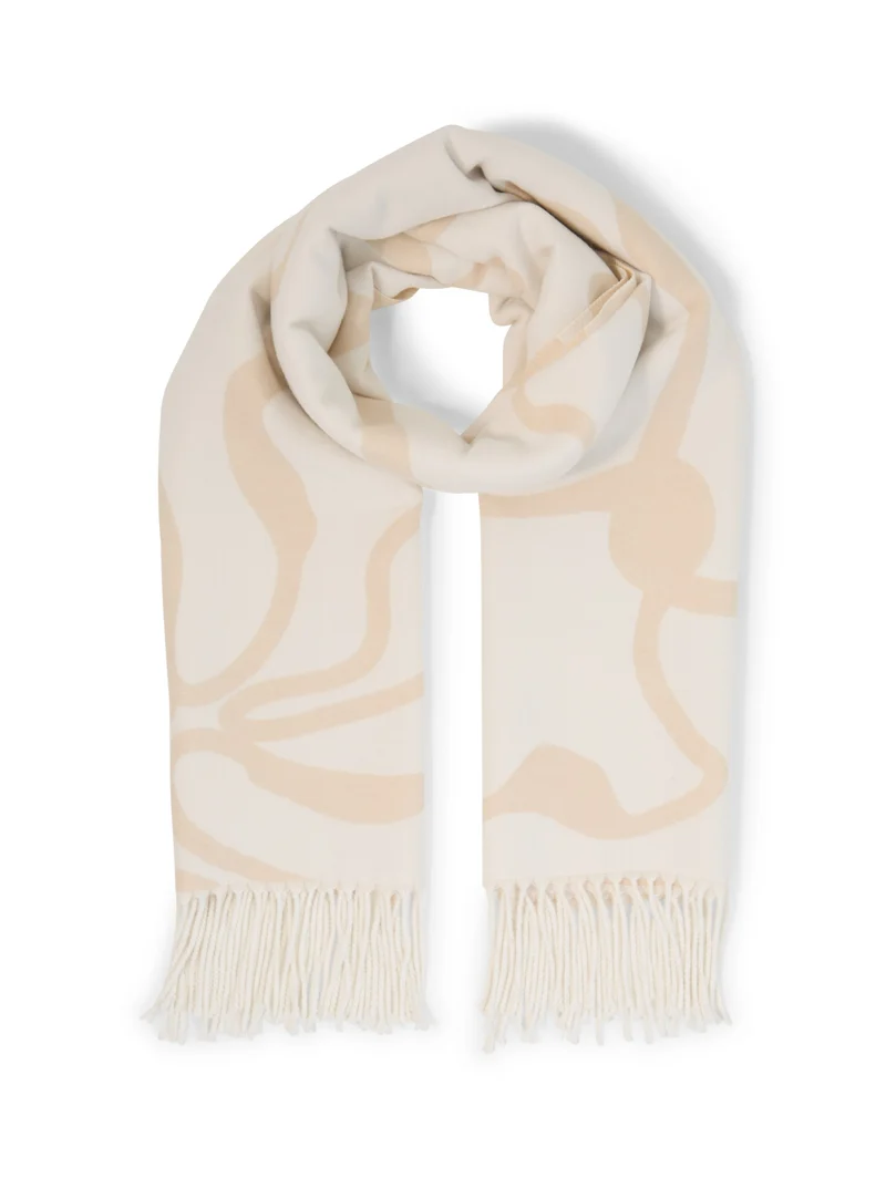woven scarf with flowers, big abstract off white flower