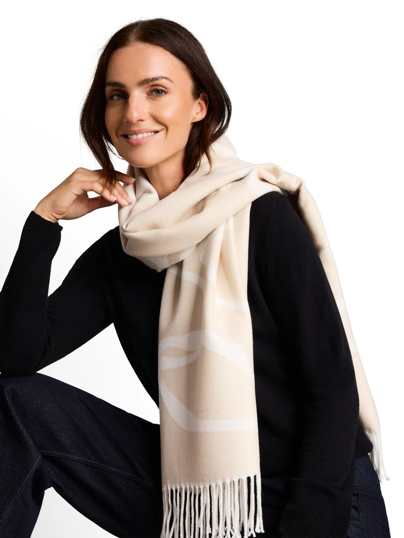 woven scarf with flowers, big abstract off white flower