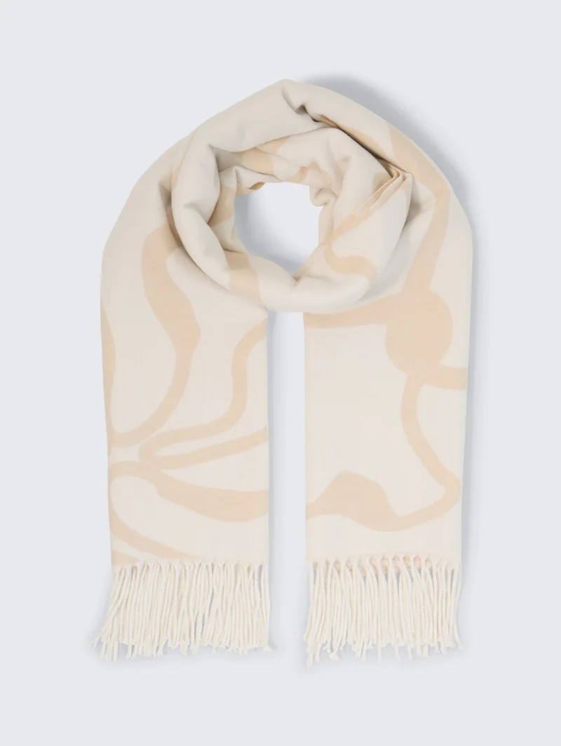 woven scarf with flowers, big abstract off white flower