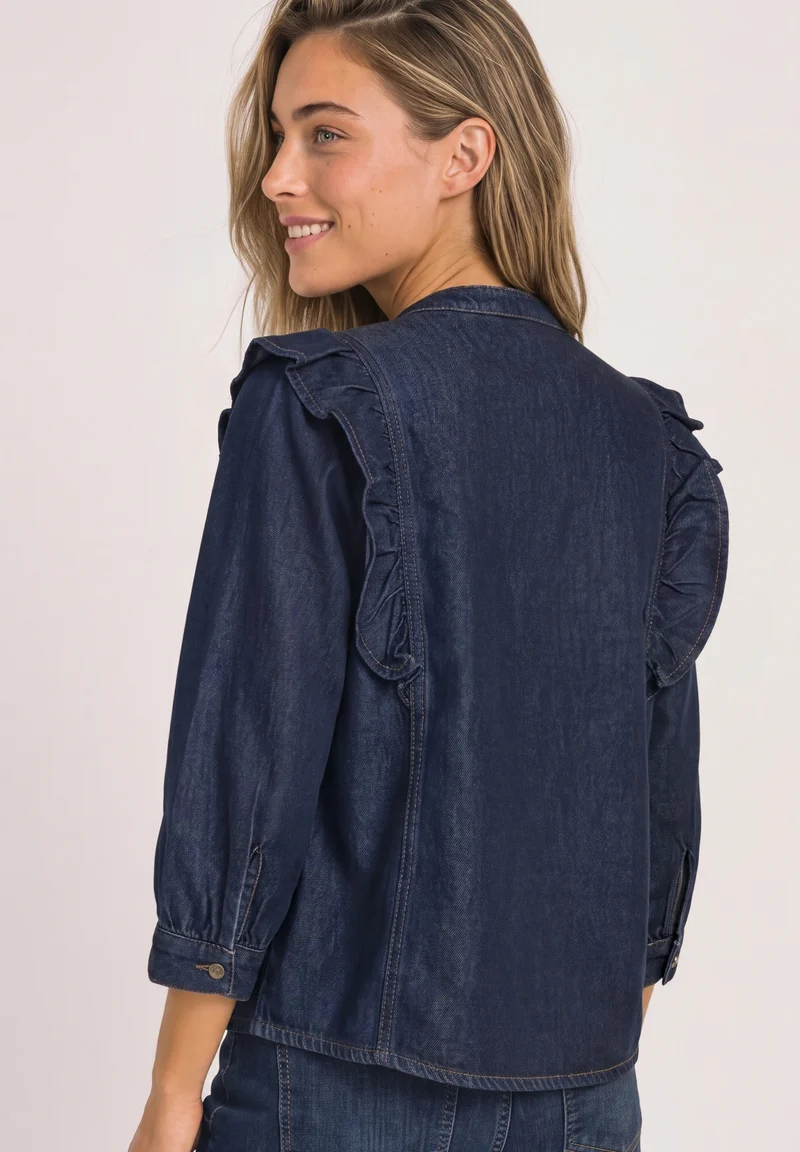 Style Denim,Blouse,rinse wash, Dark Blue Soft Washed