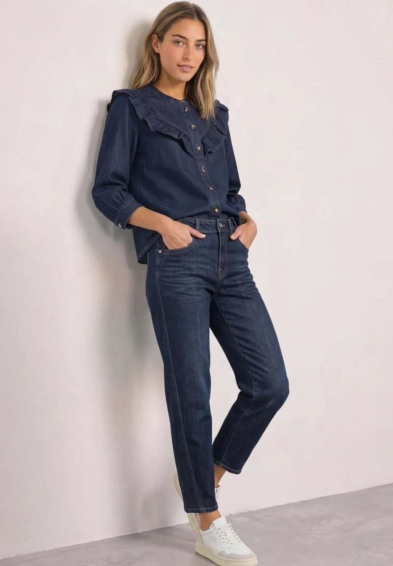 Style Denim,Blouse,rinse wash, Dark Blue Soft Washed