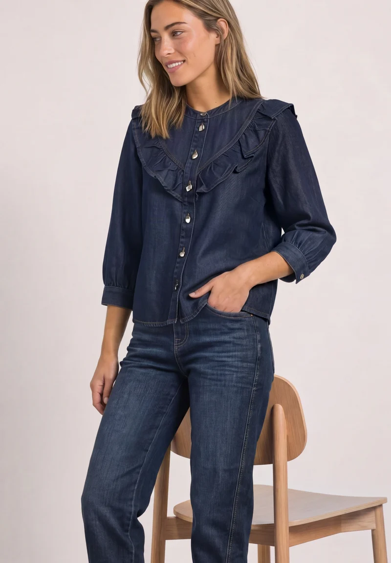 Style Denim,Blouse,rinse wash, Dark Blue Soft Washed
