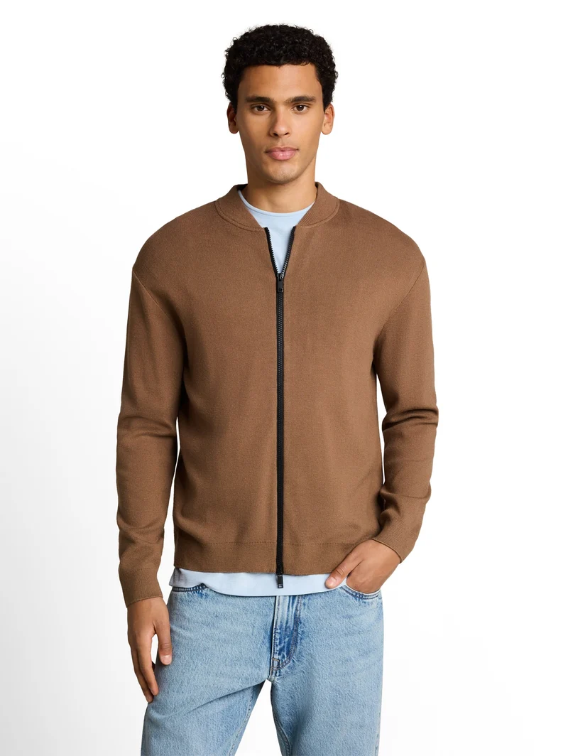 soft knitted bomber jacket, malt brown