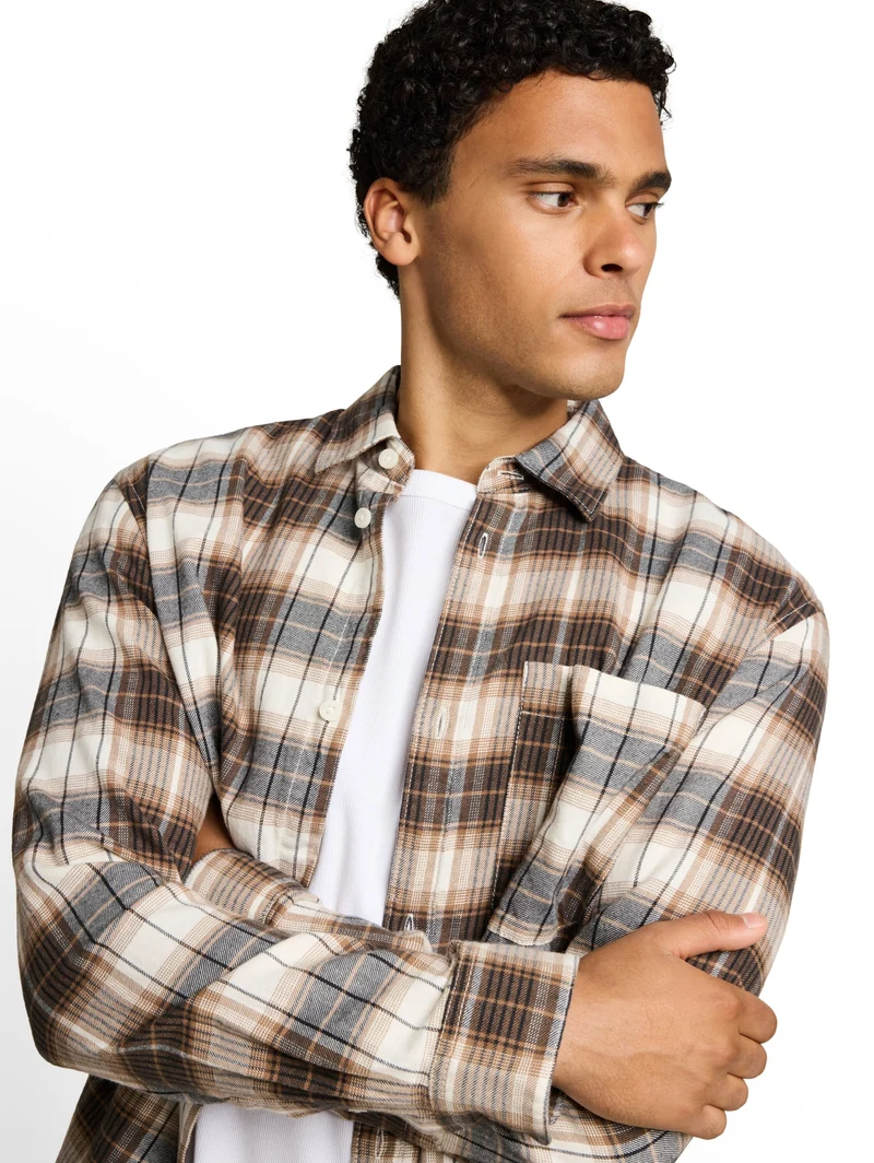 relaxed checked shirt, off white brown check