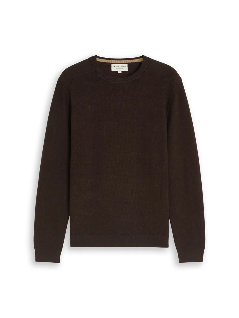 structured crew neck knit, dark chocolate brown melange