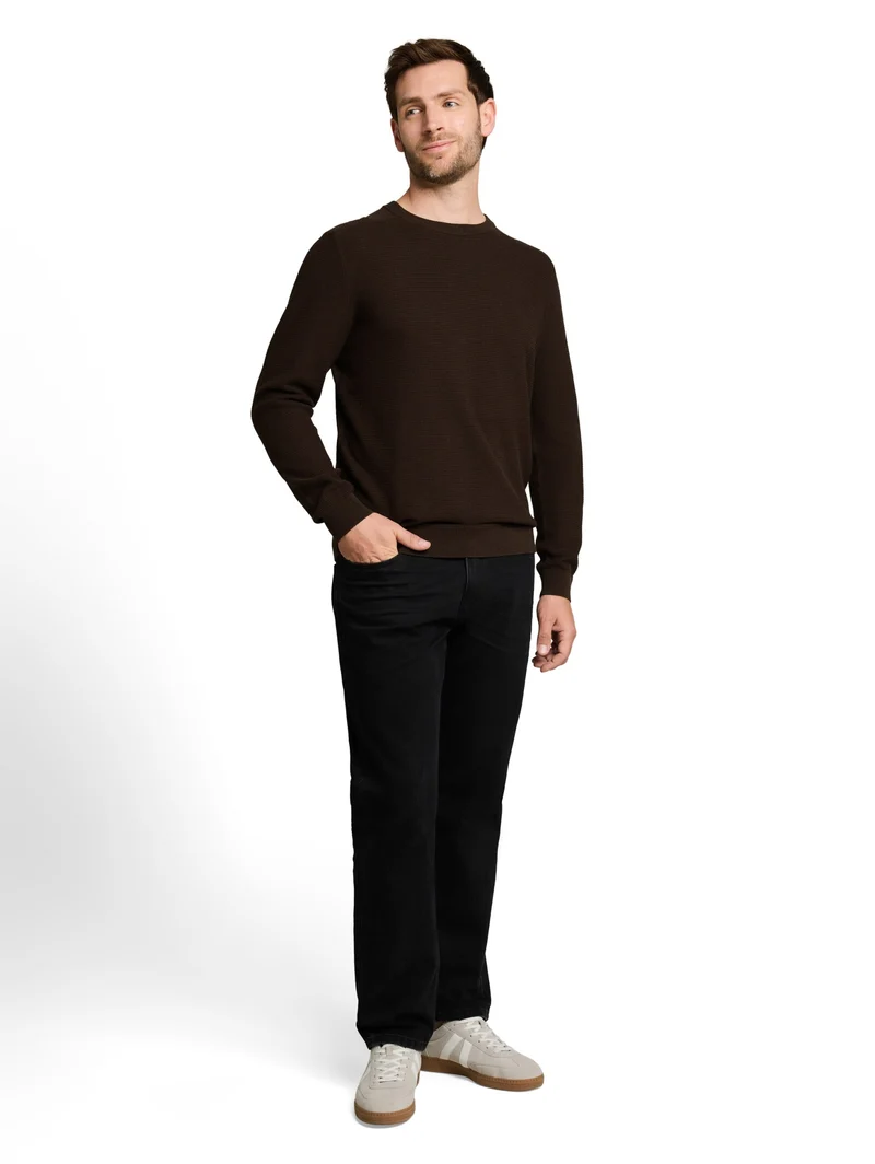 structured crew neck knit, dark chocolate brown melange