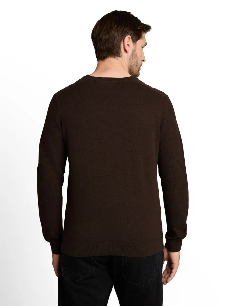 structured crew neck knit, dark chocolate brown melange