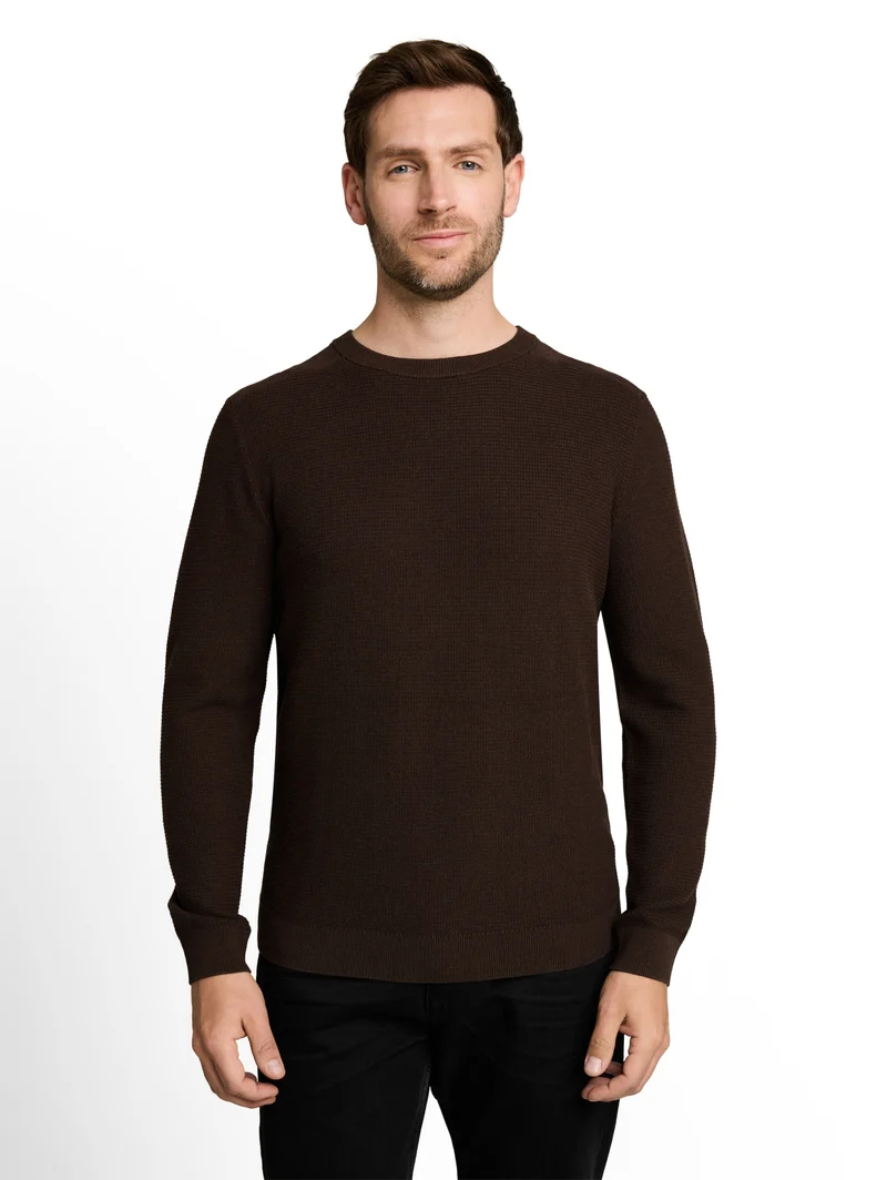 structured crew neck knit, dark chocolate brown melange