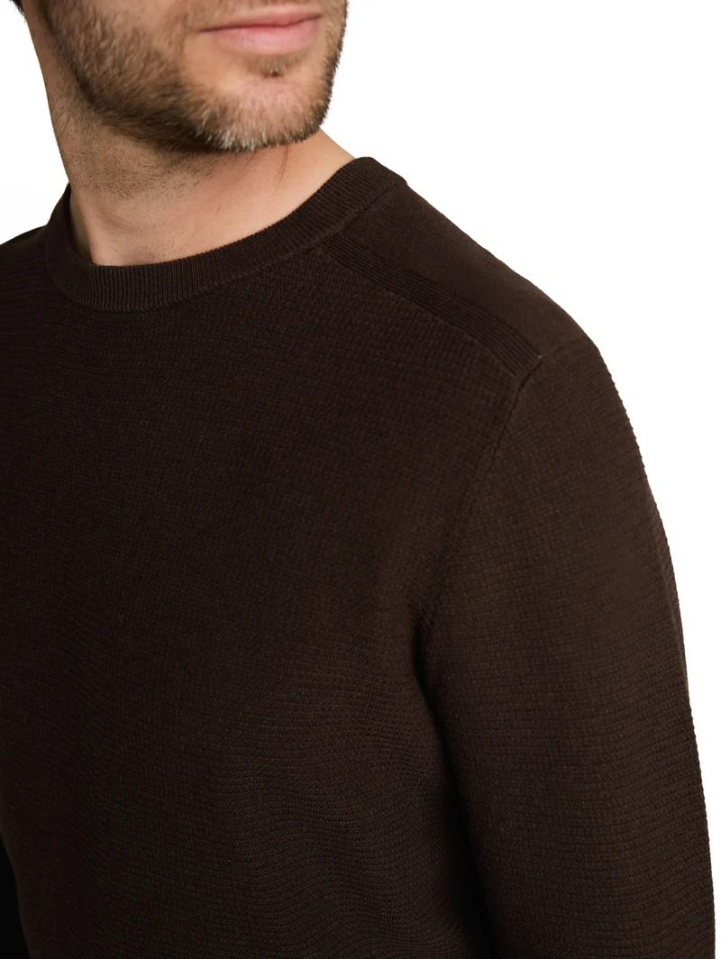 structured crew neck knit, dark chocolate brown melange