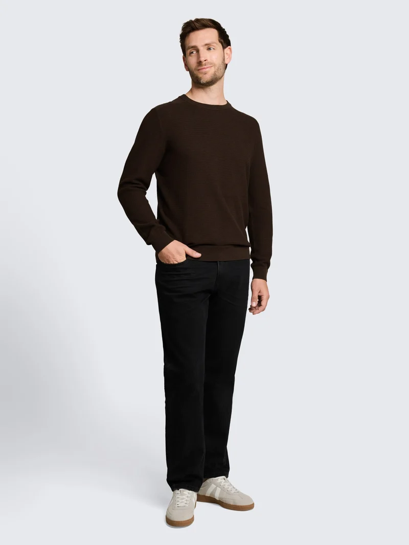 structured crew neck knit, dark chocolate brown melange