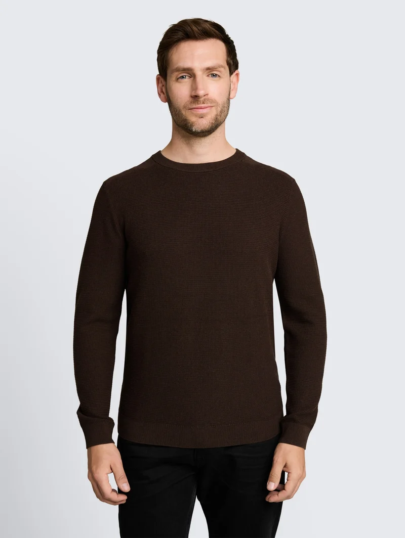 structured crew neck knit, dark chocolate brown melange