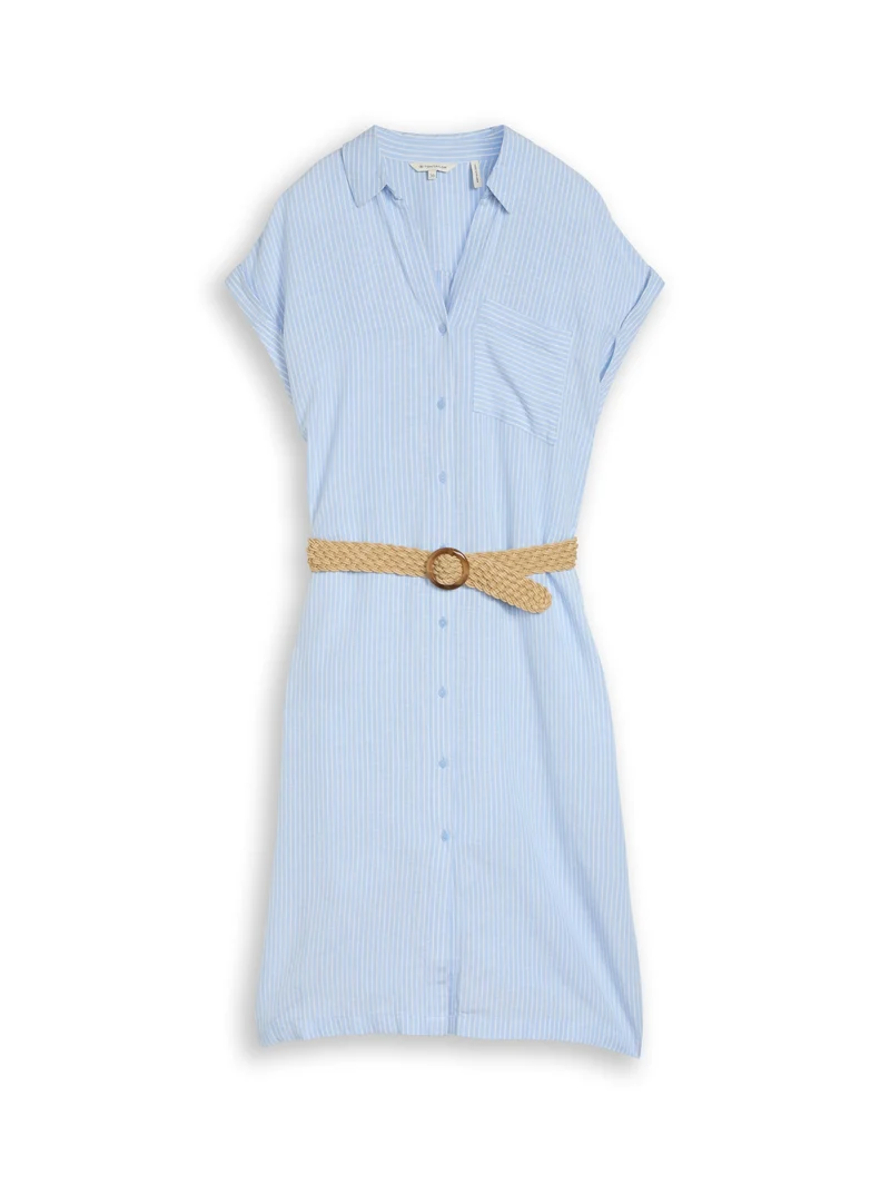 dress linen with belt, fjord blue irregular stripe