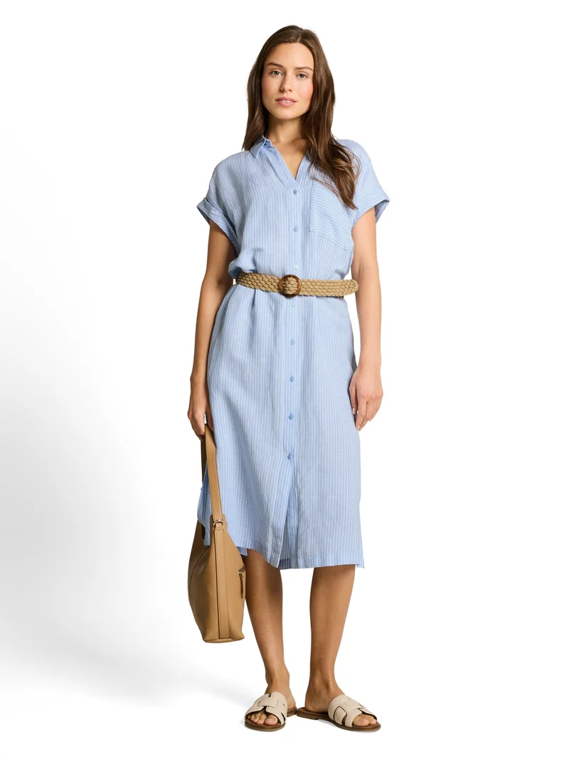 dress linen with belt, fjord blue irregular stripe