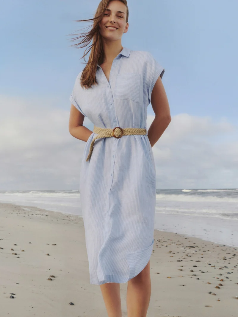 dress linen with belt, fjord blue irregular stripe