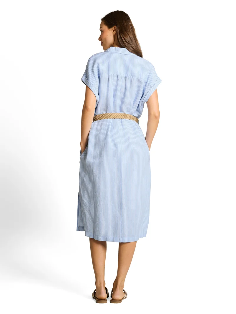 dress linen with belt, fjord blue irregular stripe