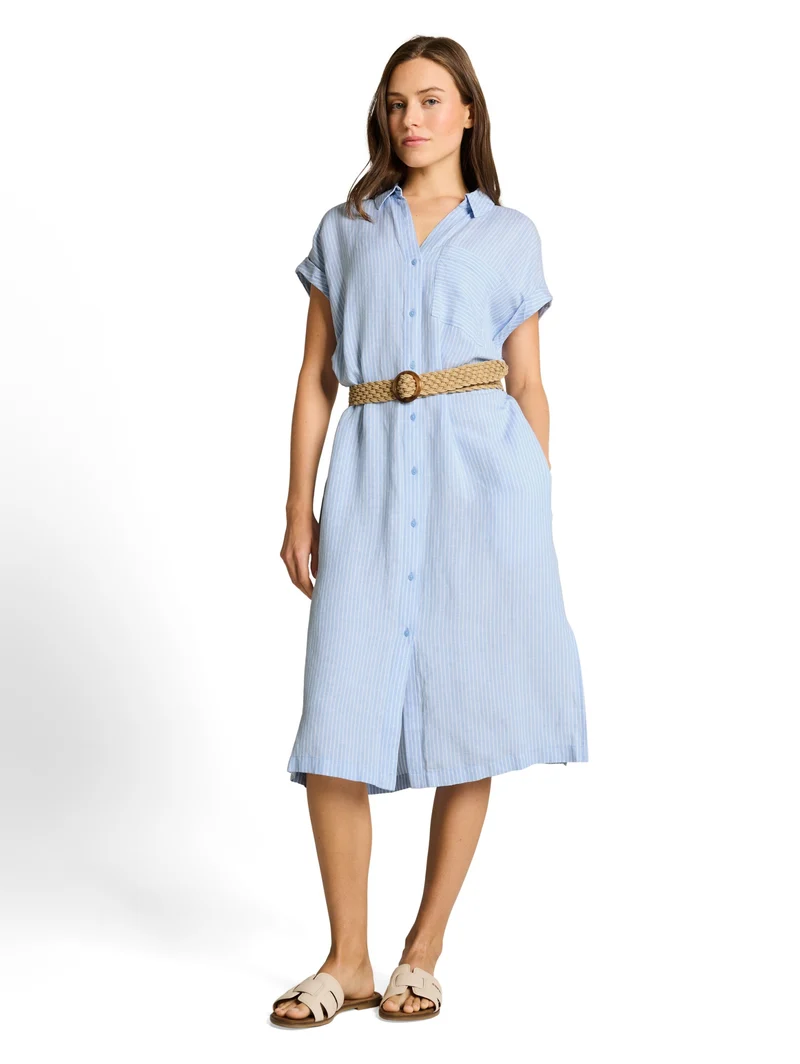 dress linen with belt, fjord blue irregular stripe