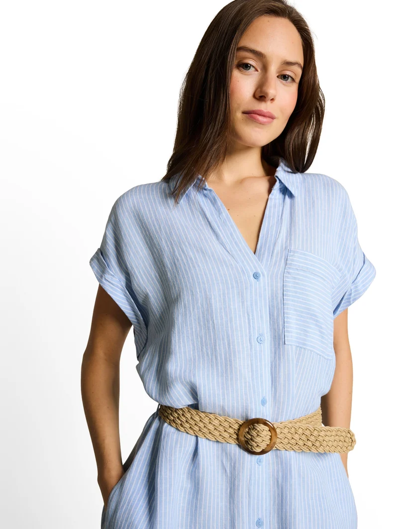 dress linen with belt, fjord blue irregular stripe