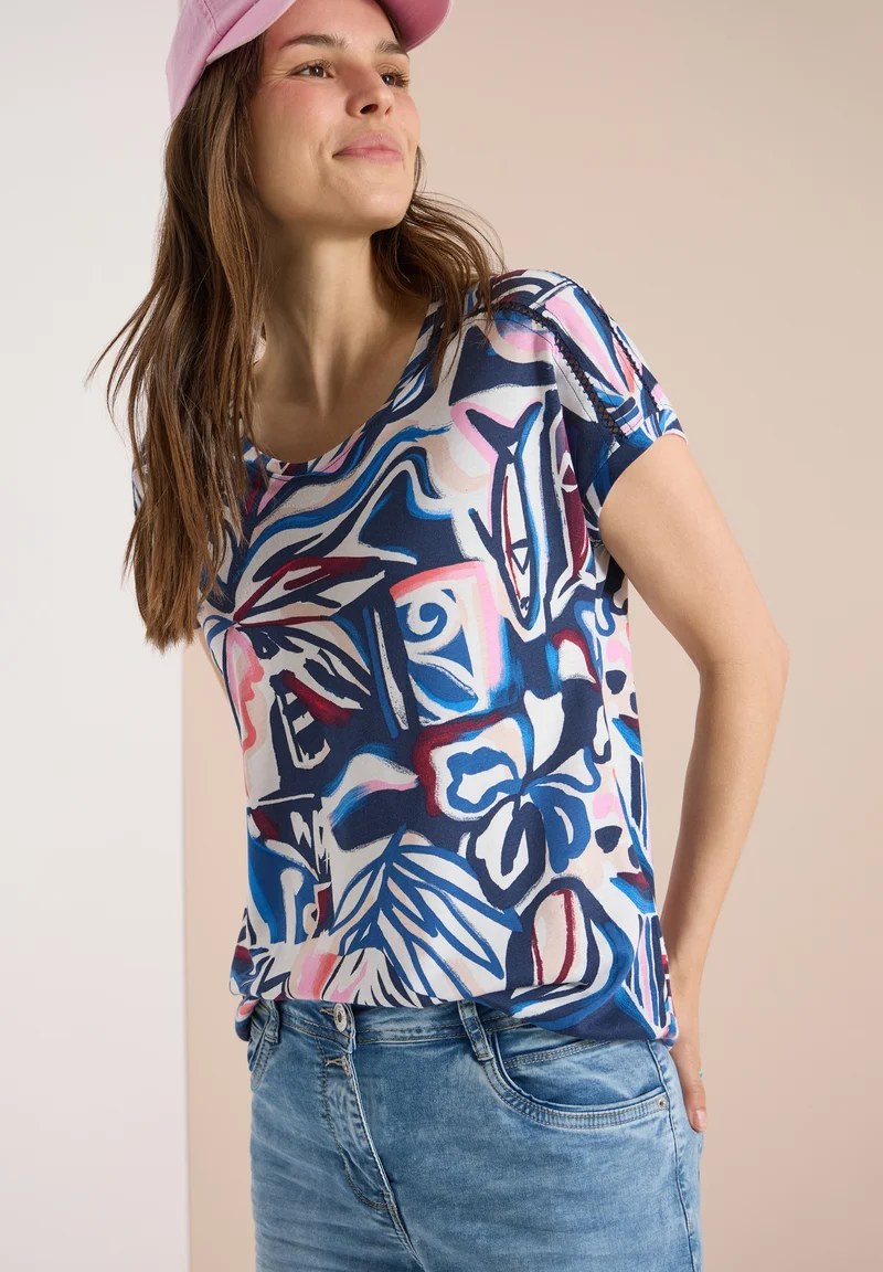 TOS Multi AOP Lace Shoulder T-, universal blue