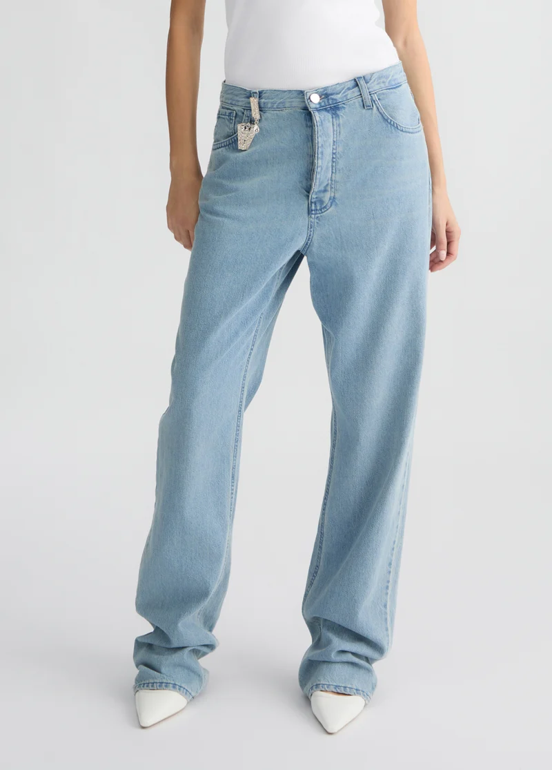 Light Blue Straight-Leg Jeans with Bejewelled Charm
