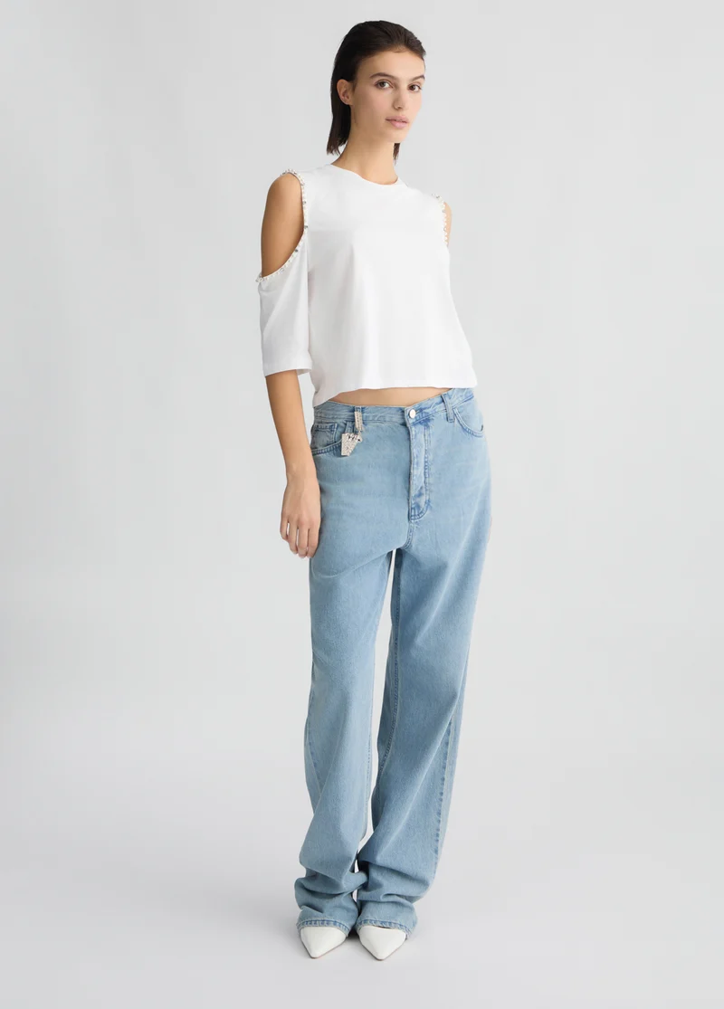 Light Blue Straight-Leg Jeans with Bejewelled Charm