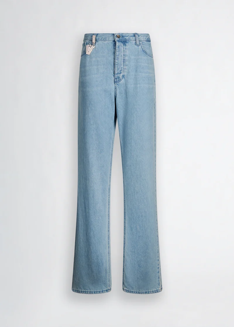 Light Blue Straight-Leg Jeans with Bejewelled Charm