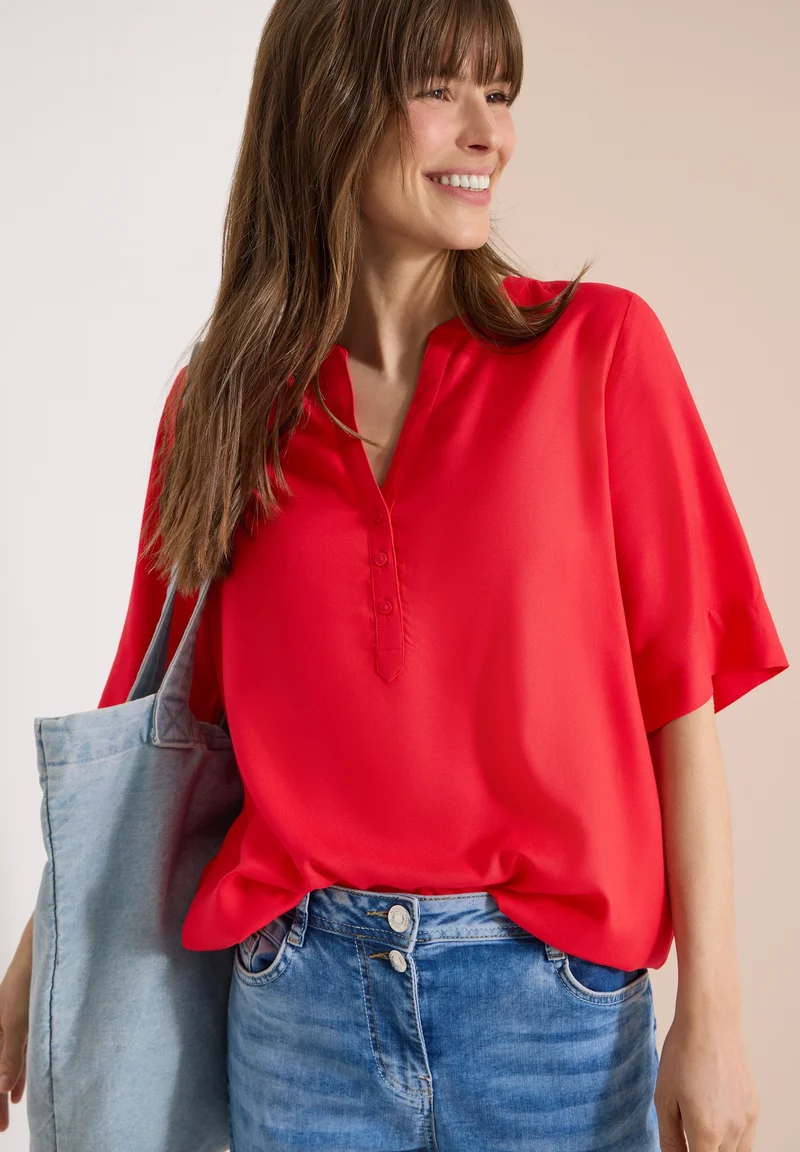 NOS Solid Splitneck Blouse, glazed apple red