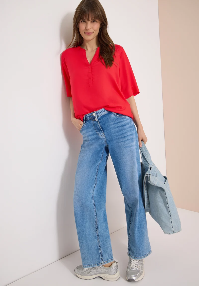 NOS Solid Splitneck Blouse, glazed apple red