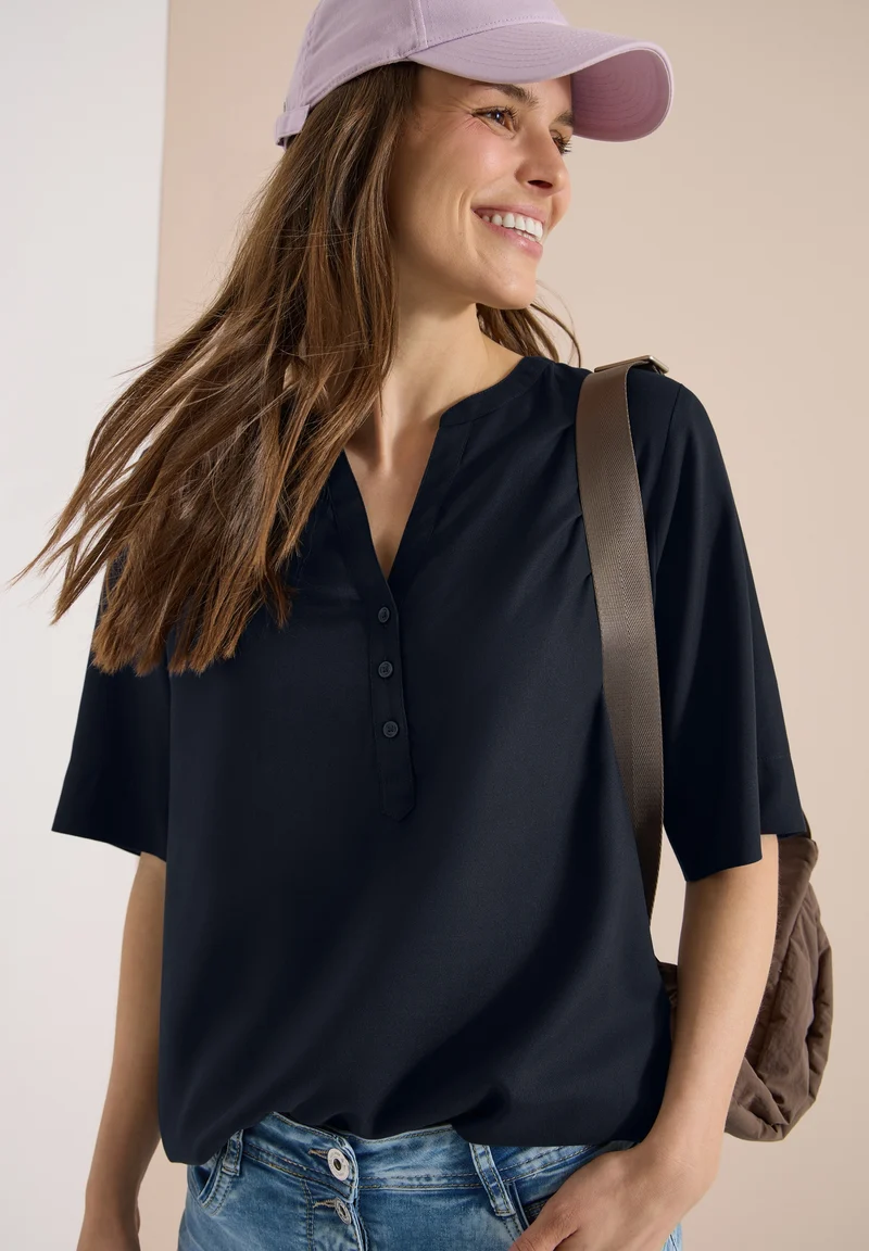 NOS Solid Splitneck Blouse, universal blue