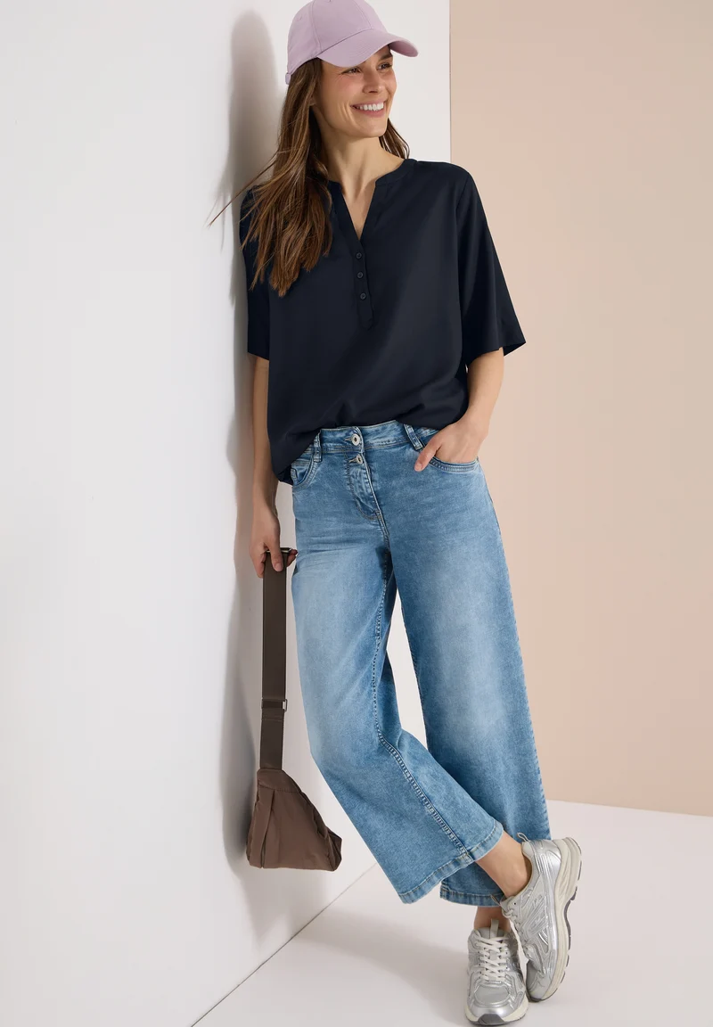 NOS Solid Splitneck Blouse, universal blue