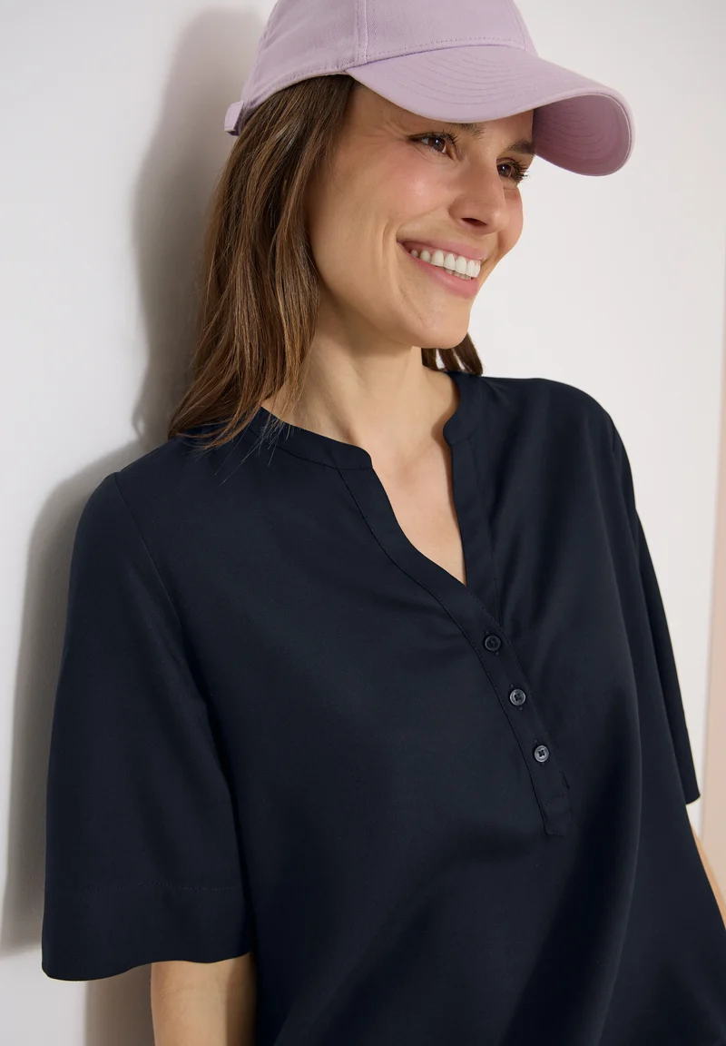 NOS Solid Splitneck Blouse, universal blue