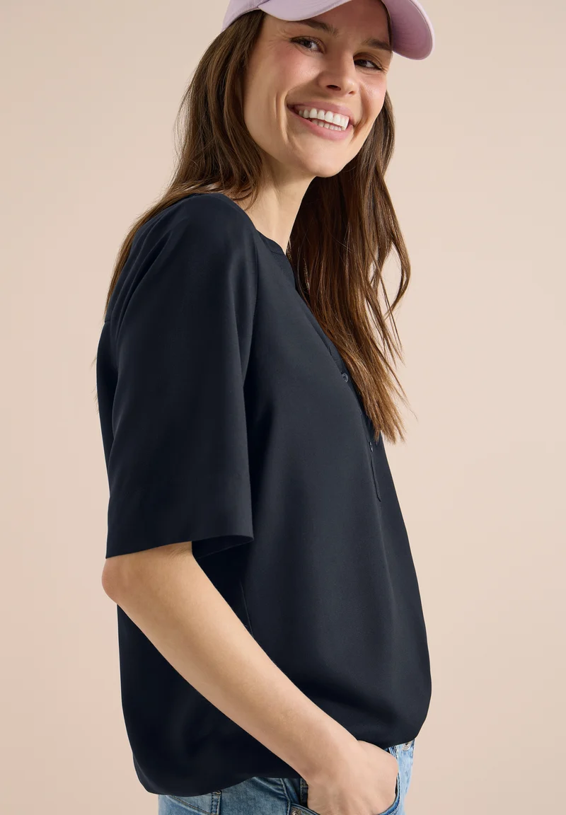 NOS Solid Splitneck Blouse, universal blue