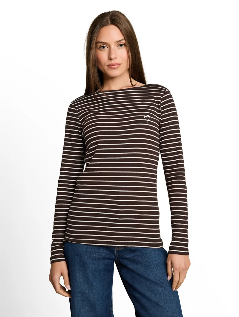 T-Shirt striped boatneck, brown white stripe