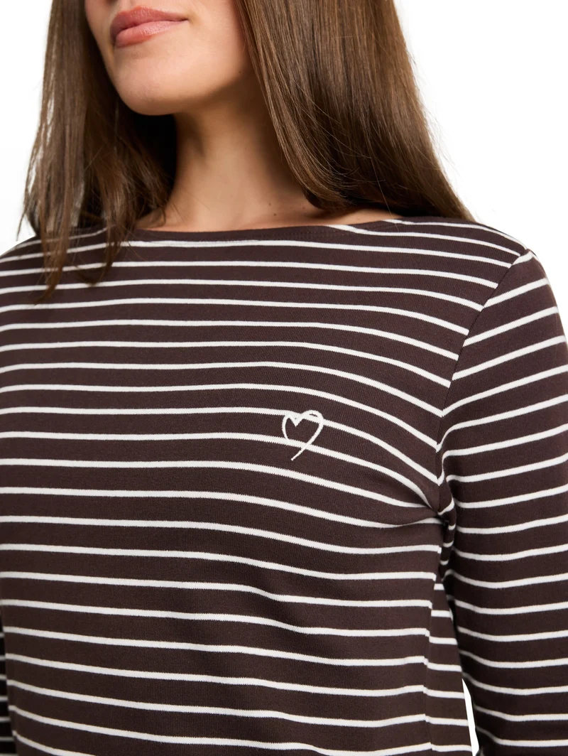 T-Shirt striped boatneck, brown white stripe