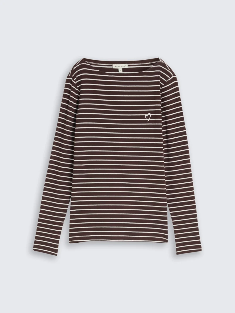T-Shirt striped boatneck, brown white stripe