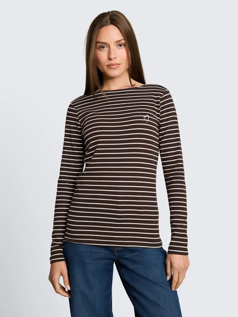 T-Shirt striped boatneck, brown white stripe