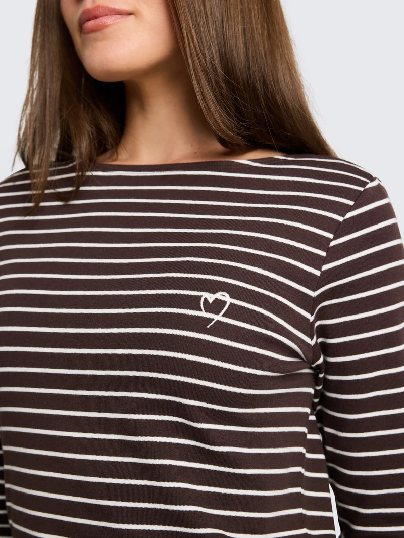 T-Shirt striped boatneck, brown white stripe