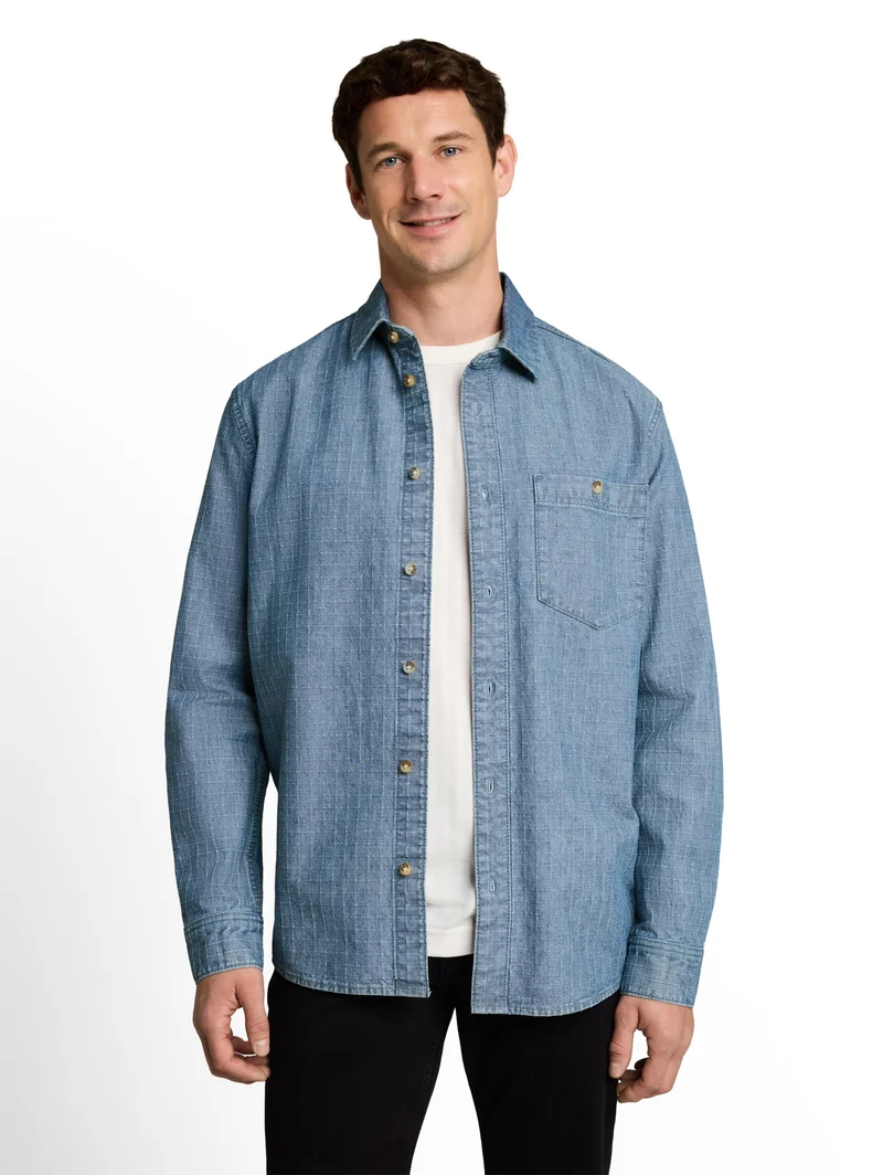 comfort checked denim shirt, mid blue denim check