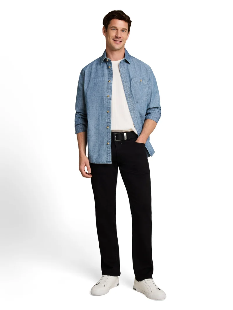 comfort checked denim shirt, mid blue denim check