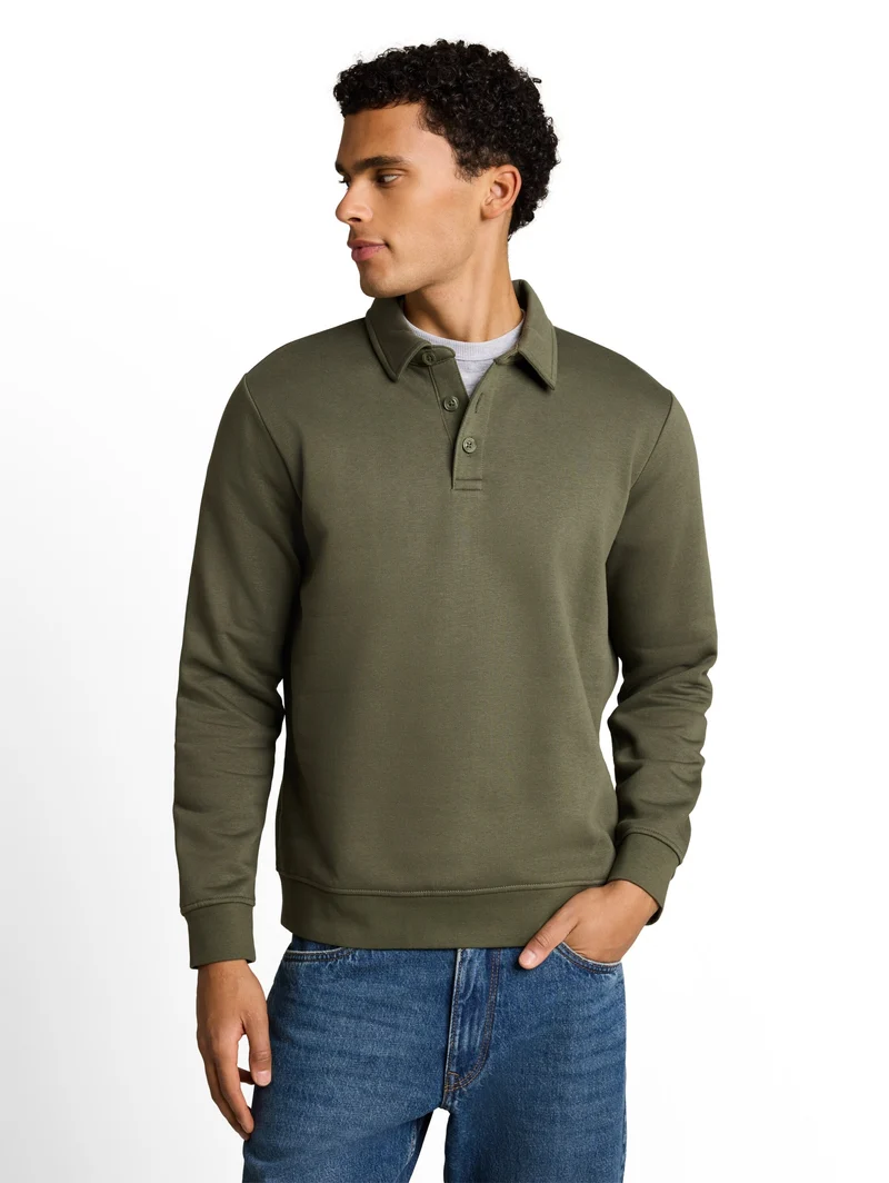 buttoned polo collar sweatshir, urban olive green
