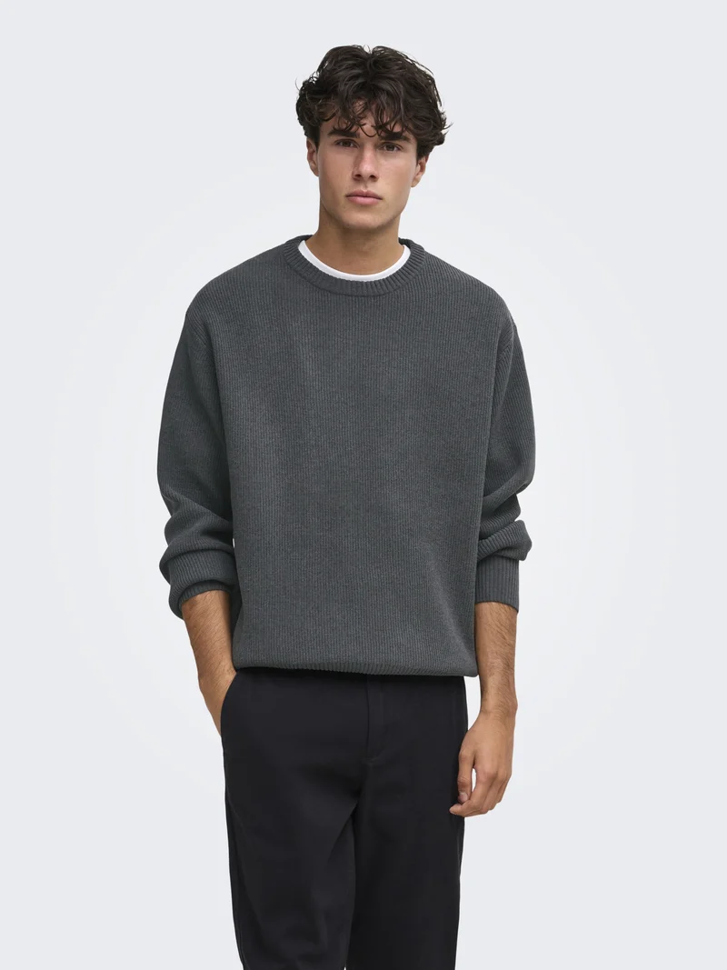 ONSRODGER RLX CREW NECK KNIT, Grey Pinstripe