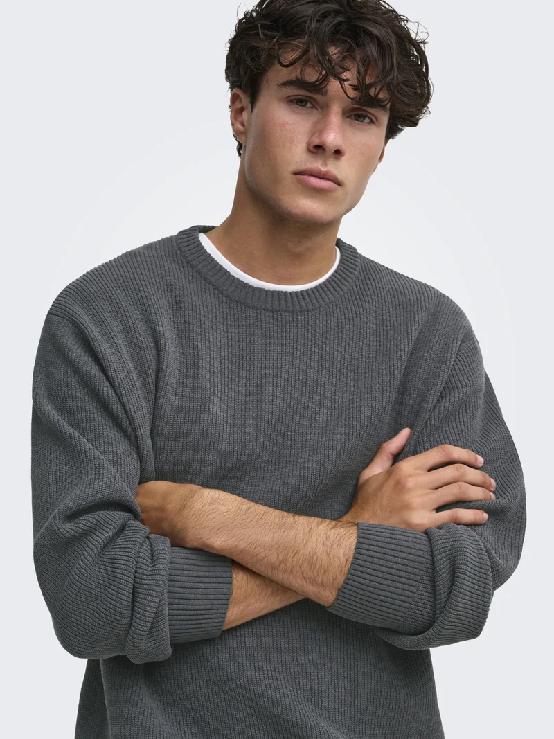 ONSRODGER RLX CREW NECK KNIT, Grey Pinstripe