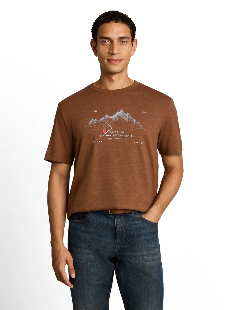 printed t-shirt, brown olive injected stripe