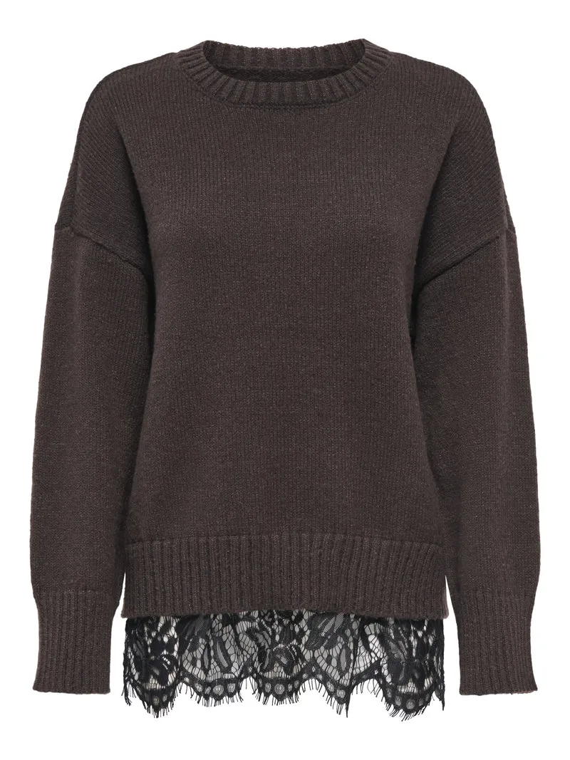 ONLEVIE LS LACE MIX O-NECK CS KNT, Coffee Bean/Black Lace