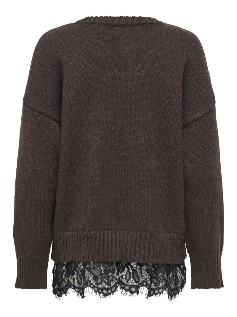 ONLEVIE LS LACE MIX O-NECK CS KNT, Coffee Bean/Black Lace