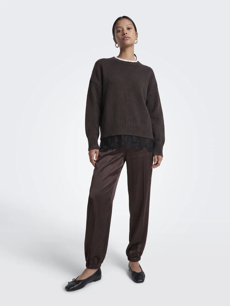 ONLEVIE LS LACE MIX O-NECK CS KNT, Coffee Bean/Black Lace
