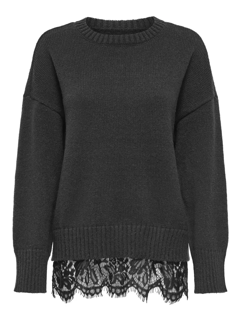 ONLEVIE LS LACE MIX O-NECK CS KNT, Dark Grey Melange/Black Lace