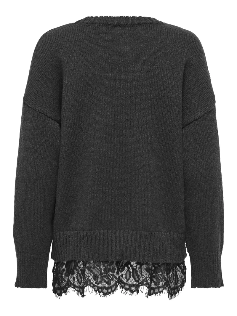 ONLEVIE LS LACE MIX O-NECK CS KNT, Dark Grey Melange/Black Lace