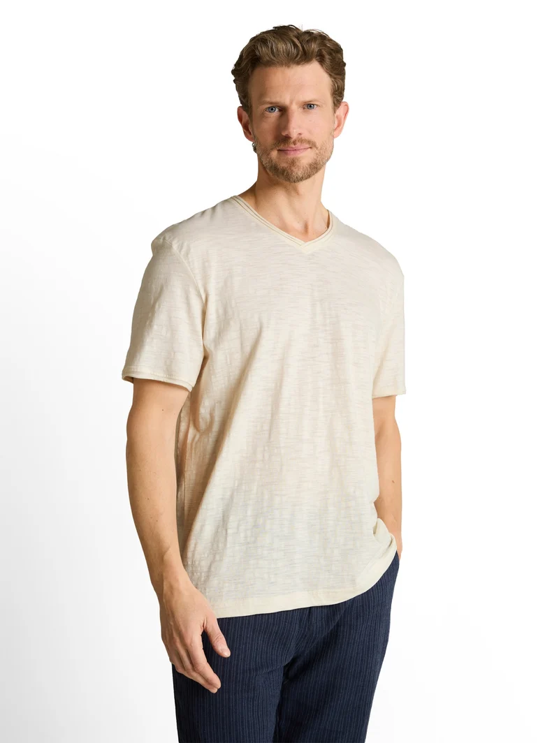 printed slub v-neck t-shirt, Gardenia White